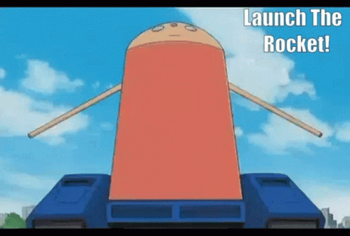 cartoon illustration of blue object with the words launch the rocket