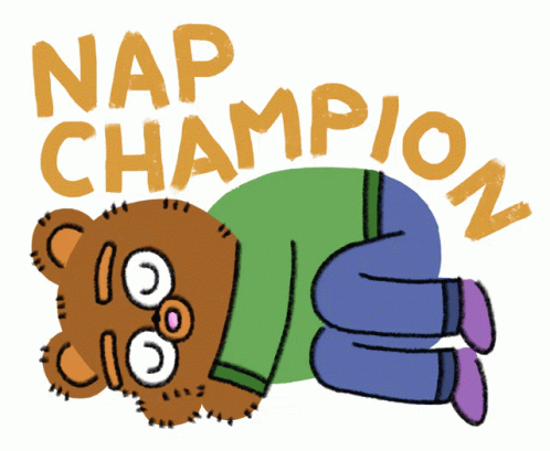 a blue teddy bear is holding a green shirt and saying nap champion