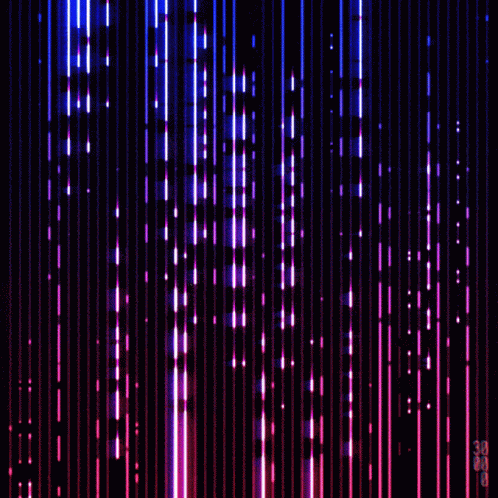 many vertical lines are shown with red, pink, and blue lights