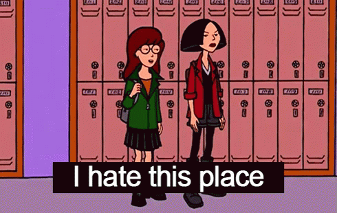 two cartoon characters standing in front of an empty locker