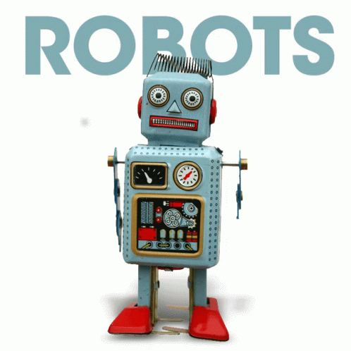 a blue robot is standing in front of a white background with the words robots