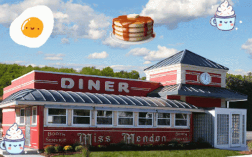 a painting of some type of diner on a green grassy area