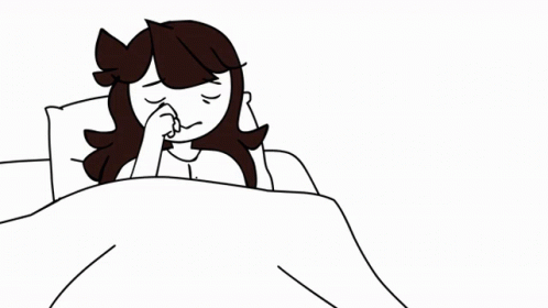 a cartoon woman laying in bed, talking on her cell phone