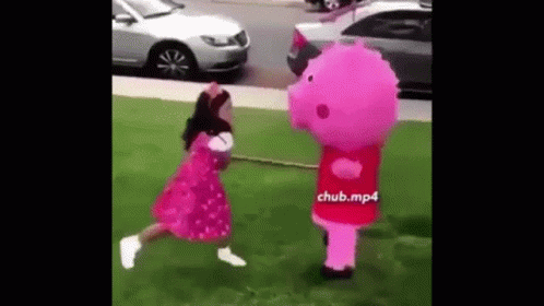 a purple inflatable character is walking with a black doll