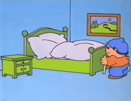 cartoon illustration of bear playing with teddy in green bed