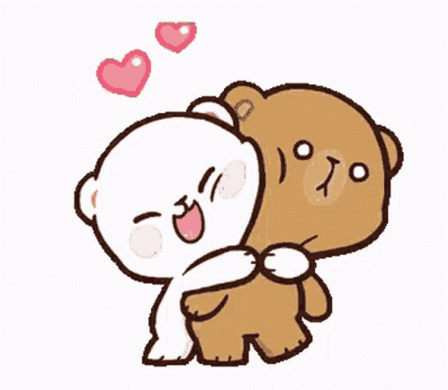 a couple of animals hugging with hearts behind them