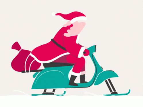 santa riding on a motor scooter with gifts