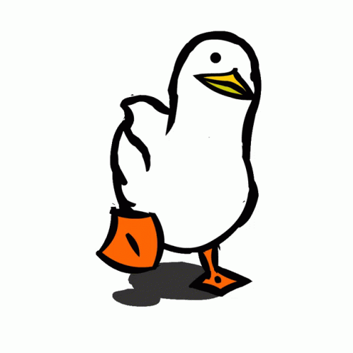 a cartoon bird with blue feet walking and a black outline on white background