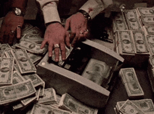 a person holding a suitcase full of money