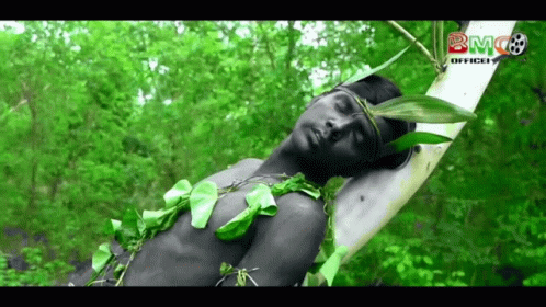 a woman with green leaves tied to her body