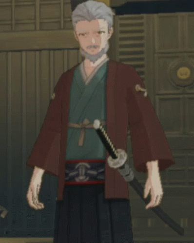 a male character wearing a brown uniform holding a sword