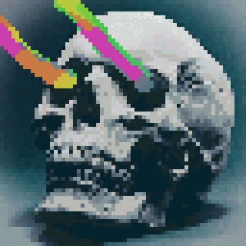 a cross eyed pograph of a skull with a colored toothbrush