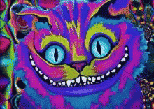 a colorful cat with yellow eyes and a grin