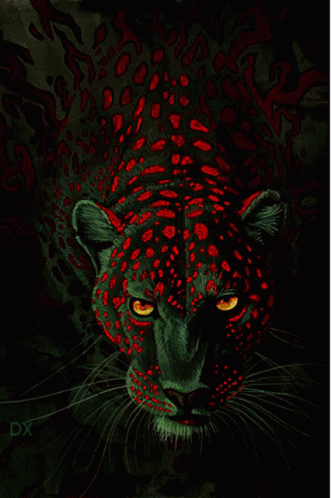 the picture depicts the face of a large blue leopard with a white tail, his eyes glowing bright, and his head on one side is illuminated with blue, and its mouth open