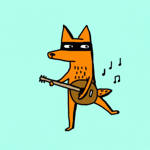 the dog is playing a guitar, wearing a mask