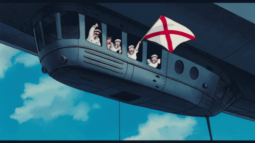 a painting of people looking out from a sky line car with a flag flying on it