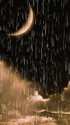 a rain shower with clouds, a crescent and a night sky
