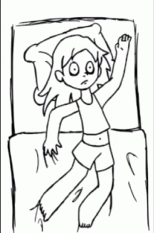 a drawing of a person in shorts and t - shirt on a bed