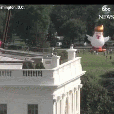 the view of a white house with lots of balloons