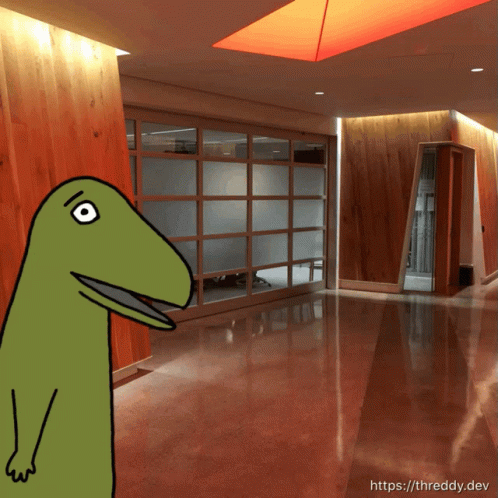 a drawing of a green dinosaur in a building