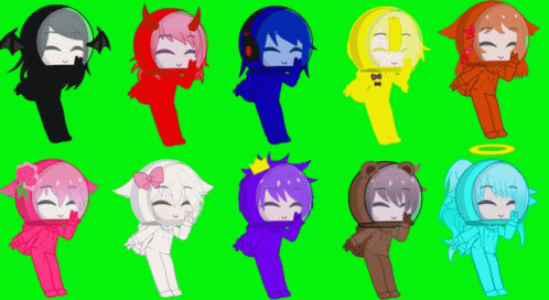 six colors of some different style of characters on a green screen