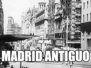 black and white image of the famous district in madrid