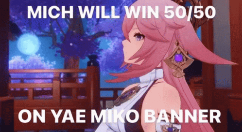 anime girl with long purple hair stands in front of a gate while a text reads,'mich will win $ 50 / 50 on yae miyo banner