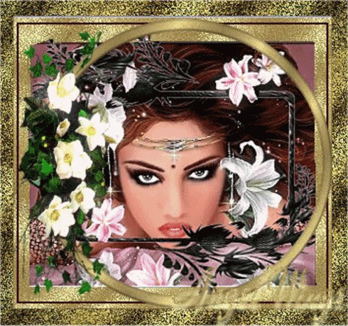 a woman is shown in a circular frame with flowers on it
