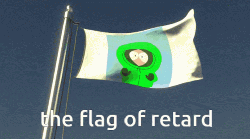 a flag with a green cartoon person in the center