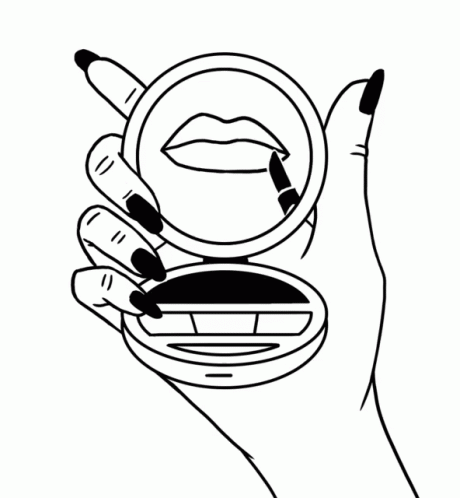 hand holding a magnifying glass with a black and white outline drawing of a mouth, lips and lipstick