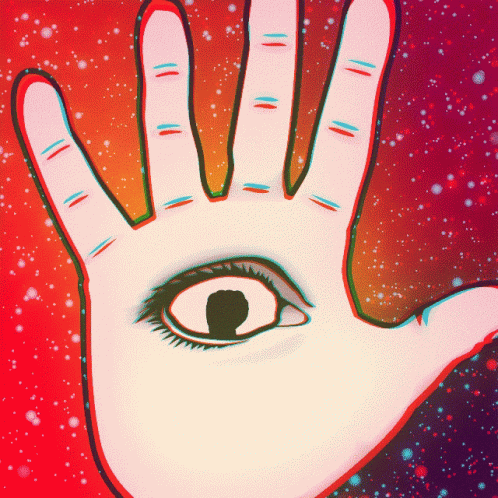 a painting of an eye and hand with stars in the background