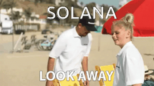 two people near a beach with the words solana look away