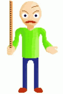 an ugly, animated man with a big forehead holding a measuring tape