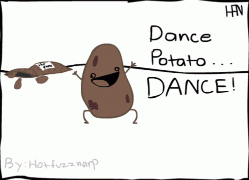 a cartoon figure carrying a shoe string with the text dance potato dance