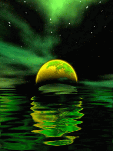 a green planet with the sun rising over the water
