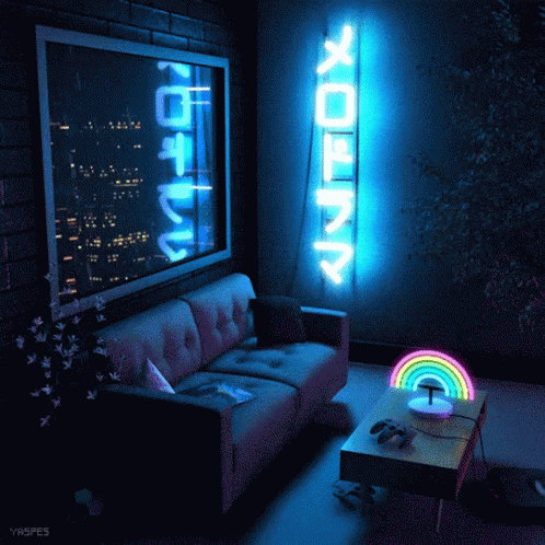 a living room area with a couch, table, and neon sign