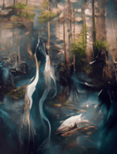 a picture of an artistic painting with trees and water