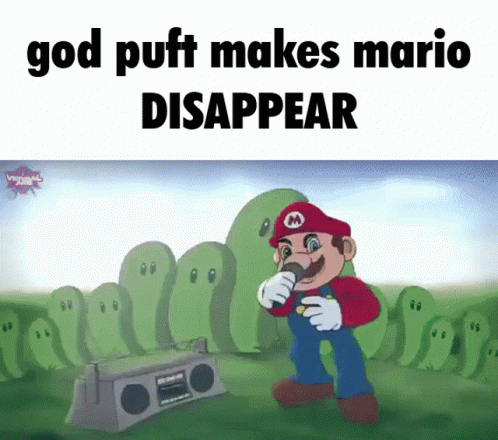 a cartoon with the words god puff makes mario disappear