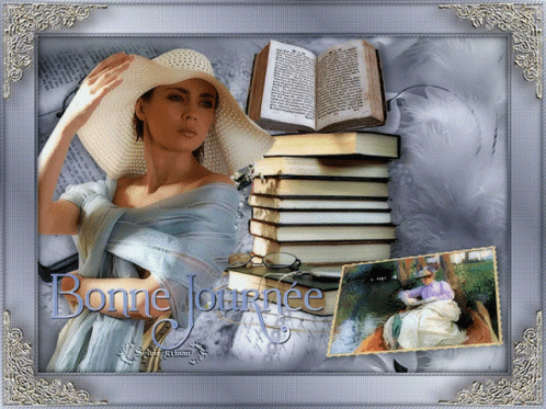 a blue woman wearing a hat holding a stack of books