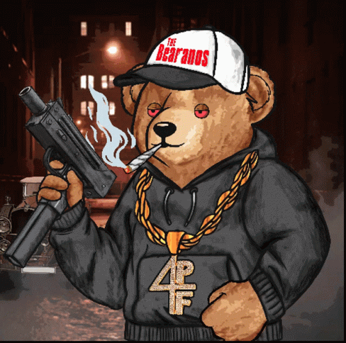 this bear is smoking soing and has a gun