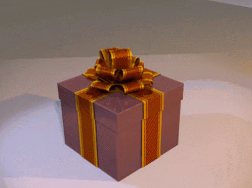 a purple gift box with blue ribbon on top