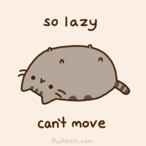 a cat sitting in the shape of a h on that says so lazy can't move