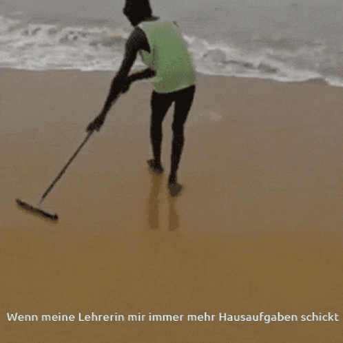 a man with a stick is on the beach