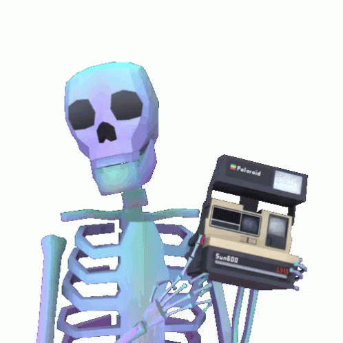 an x - ray skeleton holding an old school camera
