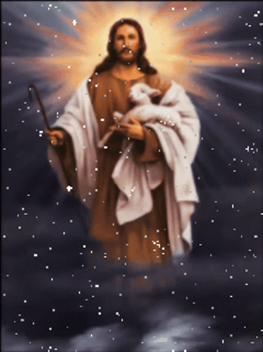 the lord jesus holding his sheep on a starr background