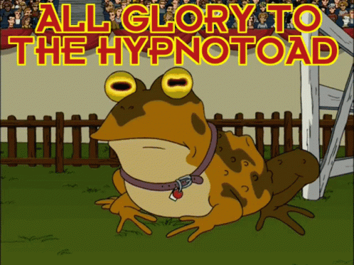 a frog with eyes that are blue in front of a gate and text that says, all glory to the hypnotad