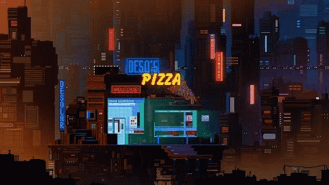 an anime - styled, neon cityscape is seen at night