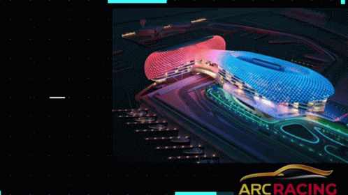 an architectural pograph of a yellow and purple arena