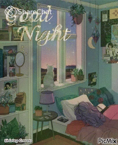 a computer image shows a bed in front of a window and the words good night above it
