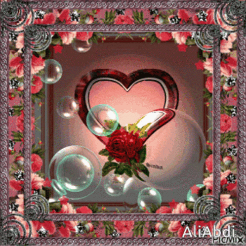a blue - colored po frame with flowers and hearts, and a purple background